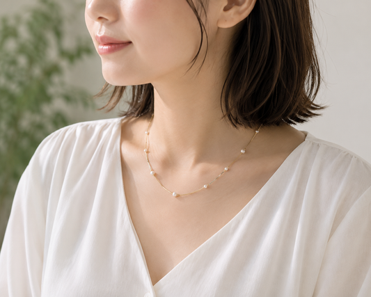 【淡水パール】9粒パールネックレス(ゴールドスネークチェーン)(箱付き)