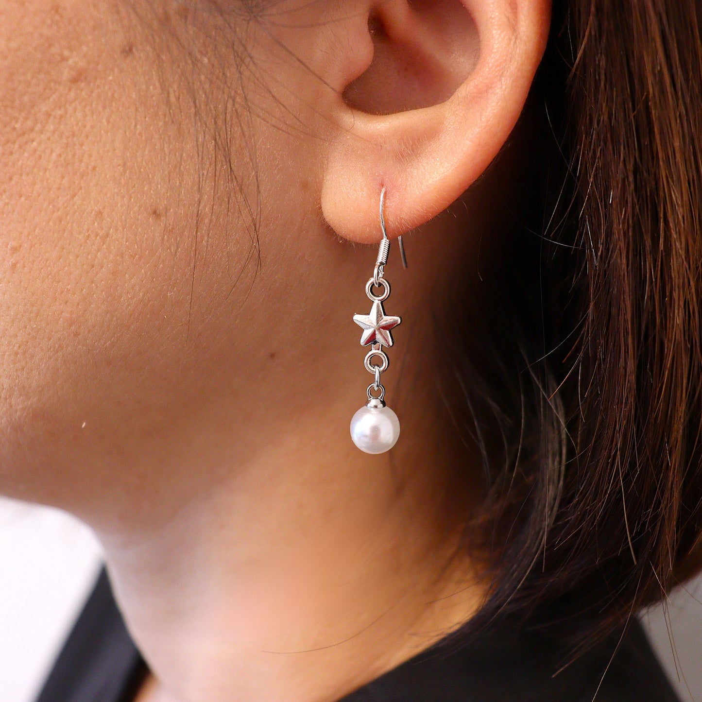 【プラスチックパール】スター＆パールドロップピアス（シルバー）（箱つき・箱なし選択可能）