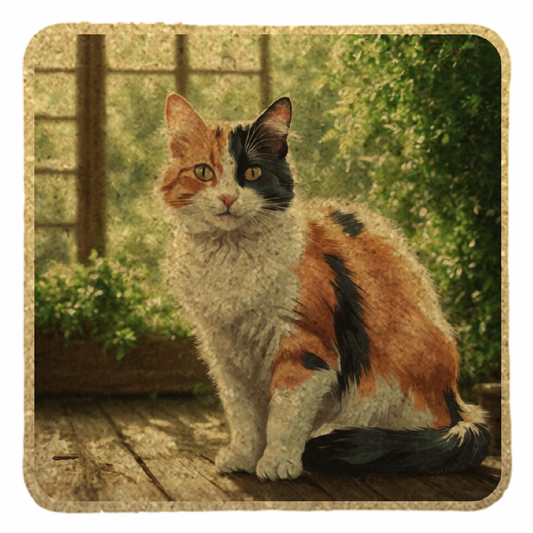 【受注生産】新緑の中の三毛猫コースター（コルク）