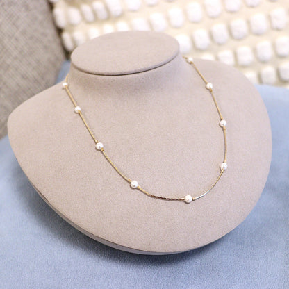 【淡水パール】９粒パールネックレス（ゴールドスネークチェーン）（箱付き）