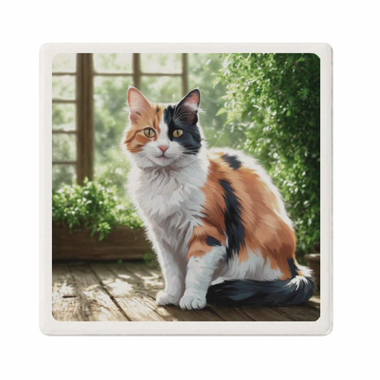 【受注生産】新緑の中の三毛猫コースター（白雲石）