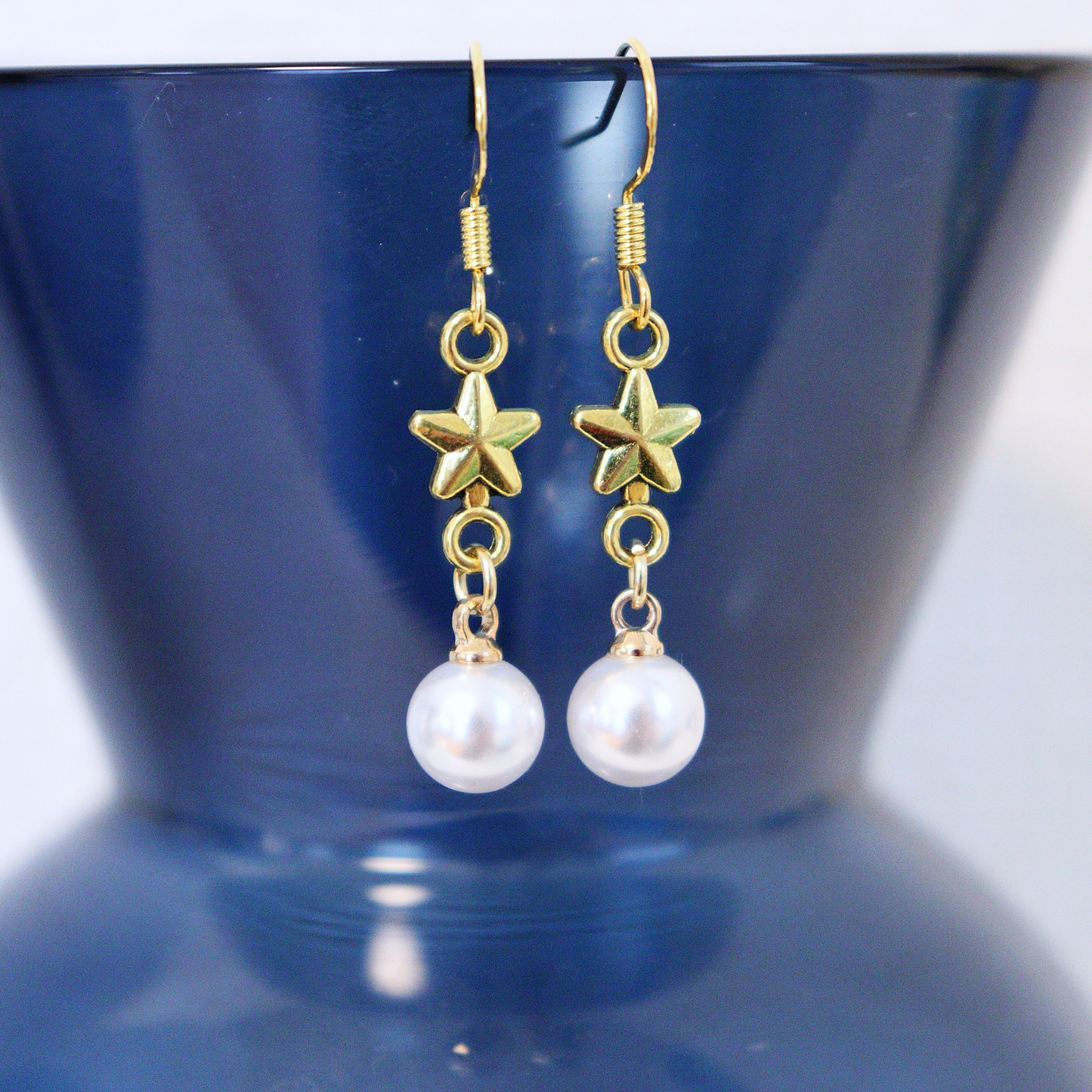 【プラスチックパール】スター＆パールドロップピアス（ゴールド）（箱つき・箱なし選択可能）