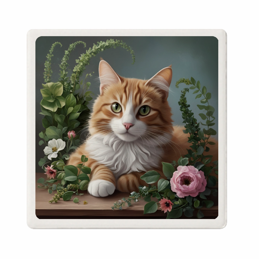 【受注生産】花に囲まれた猫のコースター（白雲石）