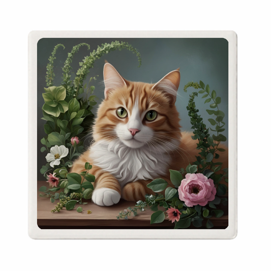 【受注生産】花に囲まれた猫のコースター（白雲石）