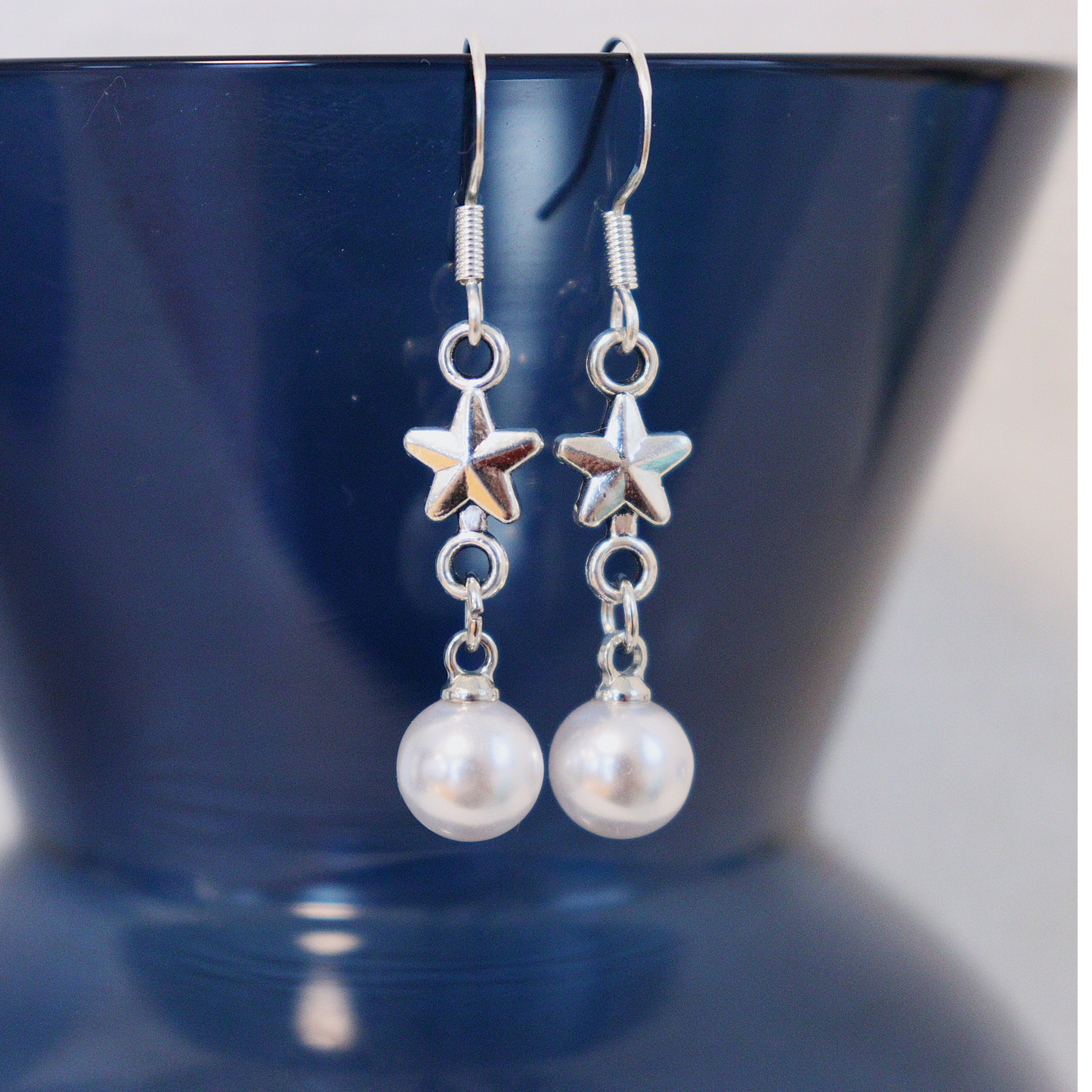 【プラスチックパール】スター＆パールドロップピアス（シルバー）（箱つき・箱なし選択可能）